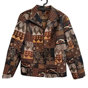 Molly & Maxx Zip-up Brown Tapestry Jacket Size L Lightweight Artsy Boho Timeless